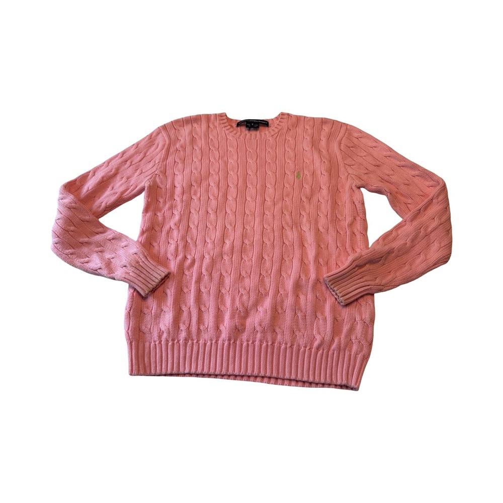 Ralph Lauren Sport Pink Cable Knit Cotton Sweater Crew Neck Pony Logo Womens S